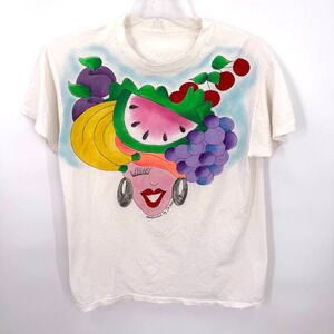 Hand Painted Fruit Face Graphic T Shirt Folk Art Style White Tee Small